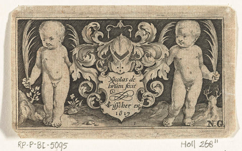 Title print with two children with palm leaf next to coat of arms, Nicolaes de Bruyn, 1617 Canvas Print