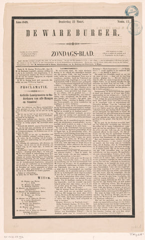 The True Citizen. Zondags-Blad.Anno 1849. Thursday 22 March. Nomm. 12, V.H. Sterck, 1849 Canvas Print