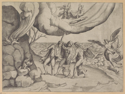 Jupiter, Neptunus en Pluto verdelen het universum, Giulio Bonasone, 1501 - 1580 Canvas Print