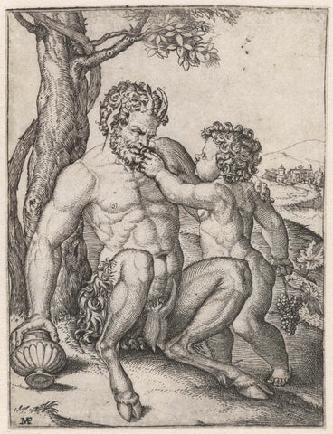 Pan with drinking cup and Bacchus as a child with bunch of grapes, Marcantonio Raimondi, 1515 - 1516 Canvas Print