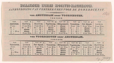 Timetable of the trains between Amsterdam and Voorschoten, 1843, anonymous, 1843 Canvas Print