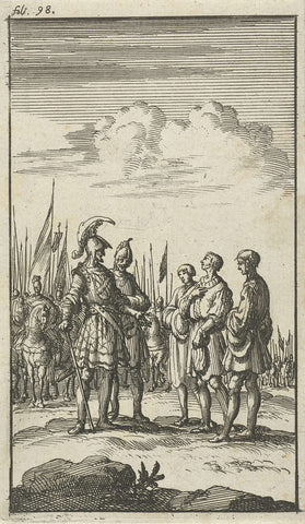 Three unarmed men in conversation with two army commanders, in the background soldiers on horseback, Jan Luyken, 1685 Canvas Print