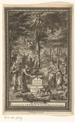 Boslandschap met herders en herderinnen die gaven brengen bij beeld van Cupido, François van Bleyswijck, 1719 Canvas Print