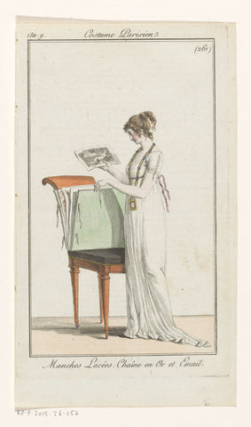 Young woman gets a print or drawing from a portfolio resting on a chair, anonymous, 1800 - 1801 Canvas Print