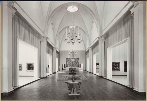 Gallery of honour with tripod tables, floor and tapestries, chandeliers, benches for visitors and cabinets on both sides, 1958 Canvas Print