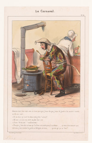 Man in a harlequin suit with his mother in the kitchen, Paul Gavarni, 1839 Canvas Print