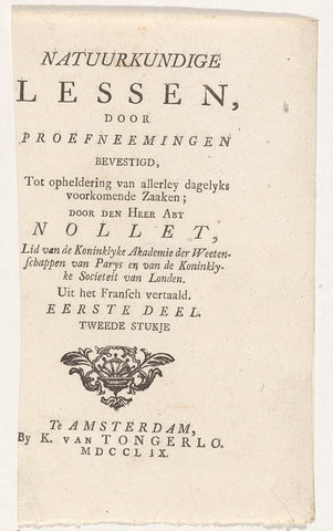 Title page for: J. A. Nollet, Physics lessons, confirmed by testtakes, 1759, Kornelis van Tongerlo, 1759 Canvas Print