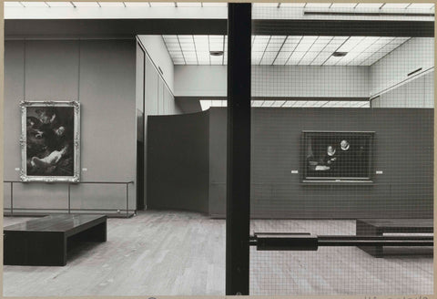 Room with two paintings, two benches for visitors, a door with armored glass and a passage, c. 1969 Canvas Print