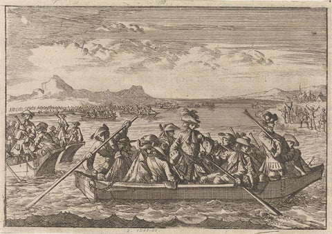 Waldensians explodged from Savoy return to their country in barges across Lake Geneva, 1689, Caspar Luyken, 1698 Canvas Print