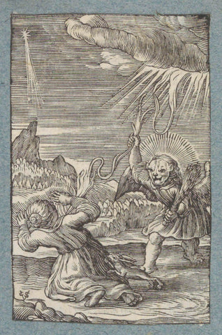 Angel with mask and lightning bolt scares child, Christopher of Sichem (II), 1628 Canvas Print