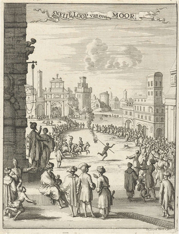 View of a square where a black man with fire pit runs, Jan Luyken, 1681 Canvas Print