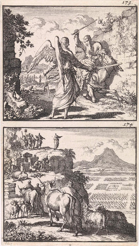 Balaam and the angel / Balaam with King Balak on top of the mountain, Jan Luyken, 1698 Canvas Print