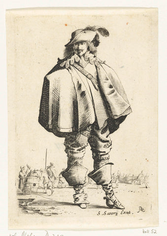 Standing cavalier with cape, figures on the ice in the background, Salomon Savery, 1633 - 1665 Canvas Print