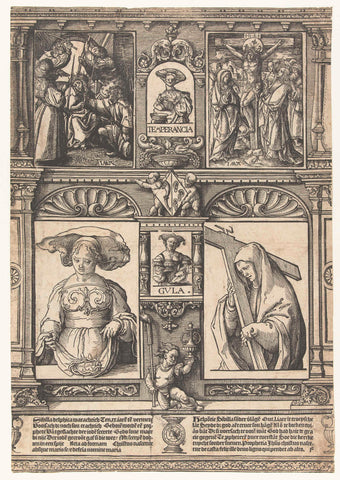 Sheet with two Sibyllen and two scenes from the passion story., Jacob Cornelisz van Oostsanen, 1528 - 1532 Canvas Print