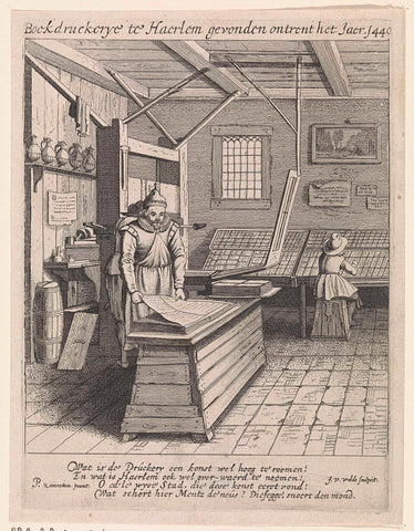 Interior of a printing shop, Jan van de Velde, 1628 Canvas Print