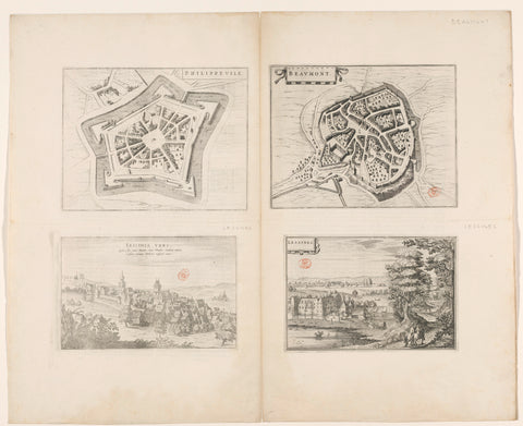 Map of Philippeville and Beaumont and a view of the Castle of l'Estriverie and the city of Lessen, anonymous, 1652 Canvas Print