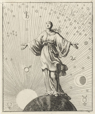 Woman standing on a globe surrounded by the sun, moon, stars and planets, Jan Luyken, 1687 Canvas Print