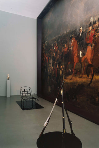 Room 110 with The Battle of Waterloo by Jan Willem Pieneman and some rifles, a bust and a camp bed in front of it, 2003 Canvas Print