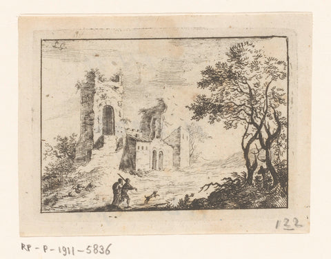 Landscape with a man and a woman with dog in front of a ruin, Sauveur Legros, 1764 - 1834 Canvas Print