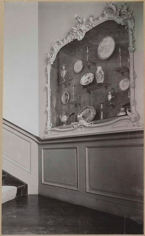 Display case with a decorated frame and candlesticks, dishes and jugs, seen from the side, c. 1920 - c. 1950 Canvas Print