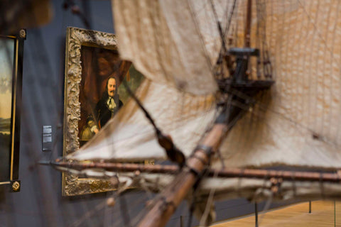 Detail ship model William Rex, in the background portrait of Portrait of Michiel Adriaenszoon de Ruyter (1607-1676), lieutenant-admiral of Ferdinand Bol, 2013 Canvas Print