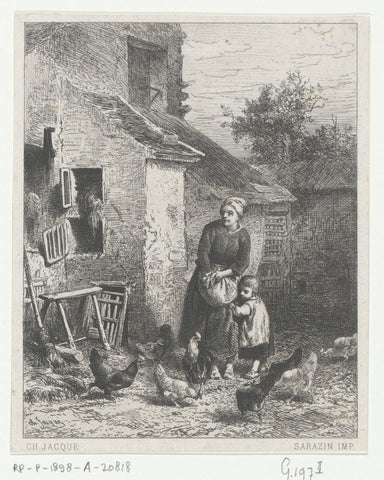 Woman with child feeds chickens on a farmyard, Charles Emile Jacque, 1864 Canvas Print