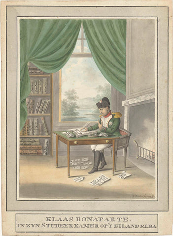 Cartoon on Napoleon: Klaas Bonaparte in his study room on 't eiland Elba, 1814, Wijnand Esser, 1814 Canvas Print