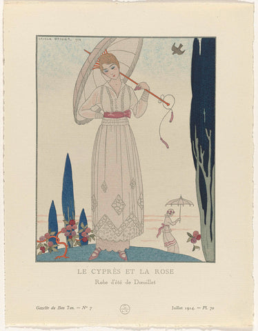 Gazette du Bon Ton, 1914 - No. 7, Pl. 70: Le cyprès et la rose / Robe d'été de Doeuillet, George Barbier, 1914 Canvas Print