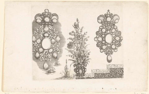 Two brooches and a vase, Johannes Jacobsz Folkema, after 1697 - before 1718 Canvas Print