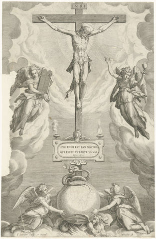 Christ on the cross with angels, Johann Sadeler (I), 1588 - 1595 Canvas Print