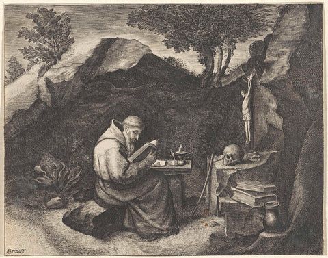 Saint Francis reading in a cave, Wenceslaus Hollar, 1625 - 1727 Canvas Print