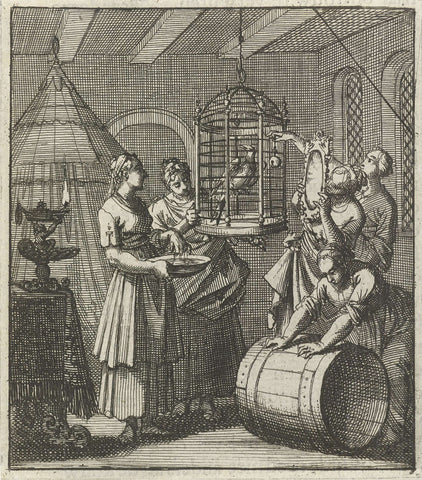 Five handmaths look at a magpie in a cage, Jan Luyken, 1693 Canvas Print