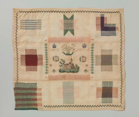 Stoplap made of cotton in which nine stops of different sizes have been worked with multicoloured silk and in the middle a representation in petit point surrounded by crowns and wreaths with initials, ANNO 1837, Maria Egersman, 1837 Canvas Print