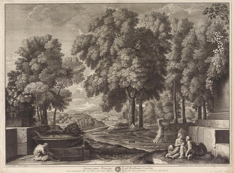 Landscape with a fountain, monument and people, Etienne Baudet, 1684 Canvas Print