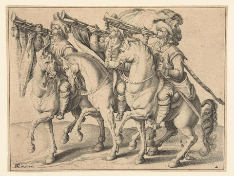 Three trumpeters on horseback, Jacob de Gheyn (II) (workshop of), 1599 Canvas Print