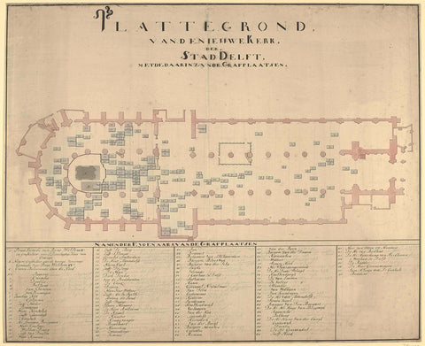 Map of the Nieuwe Kerk in Delft with the location of the graves, 1751, anonymous, 1751 Canvas Print