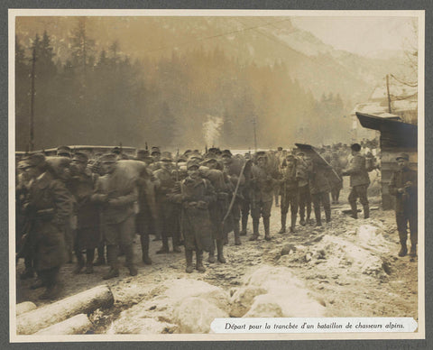 Departure to the trenches of a battalion of Alpine hunters in the Dolomites, presumably Italians, Henri de Rothschild (attributed to), 1916 Canvas Print