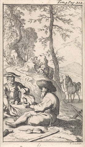 Don Quichotte drinks wine with a hermit in a forest, Caspar Luyken, 1696 Canvas Print