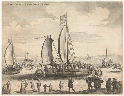 Simon Stevin's sail wagon, 1602, anonymous, 1640 - 1649 Canvas Print
