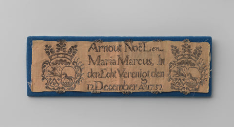 Bridal ribbon of pink rips silk in which silver threaded two crowned alliance weapons and 'Arnout Noel and/ Maria Marcus, In/ den Echt unites den/ 12 December Ao 1752', trimmed with troetels of silver wire, Aernoud & Francois Noël, 1752 Canvas Print