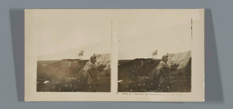 French soldier in front of a tent, with an explosion in the background, anonymous, 1914 - 1918 Canvas Print