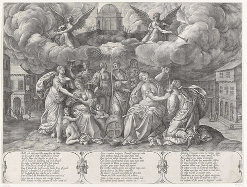 Parable of the Five Wise and Five Foolish Virgins, Accompanied by the Three Divine Virtues, Johannes Wierix, 1549 - before 1620 Canvas Print