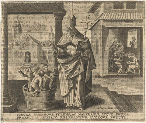 Saint Nicholas revives three children, Jan Collaert (II), 1597 Canvas Print