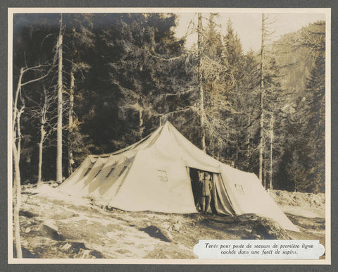 Presumably Italian soldier posing in front of an emergency tent, hidden in a pine forest in the Dolomites, Henri de Rothschild (attributed to), 1916 Canvas Print