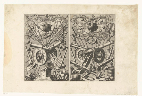 Two vertical trophies with cannons and bombs, Johannes or Lucas van Doetechum, 1572 Canvas Print