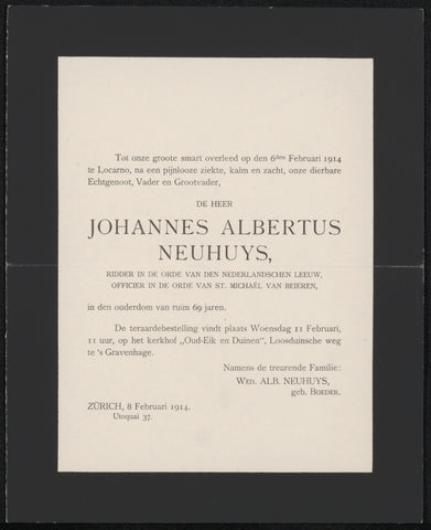 Obituary concerning Albert Neuhuys (1844-1914), anonymous, 1914 Canvas Print