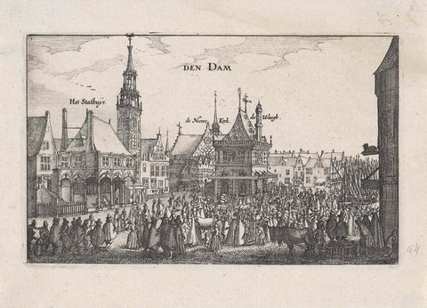 Gezicht op het Oude Stadhuis, de Wisselbank, de Nieuwe Kerk en de Waag op de Dam te Amsterdam, Claes Jansz. Visscher (II), 1611 Canvas Print