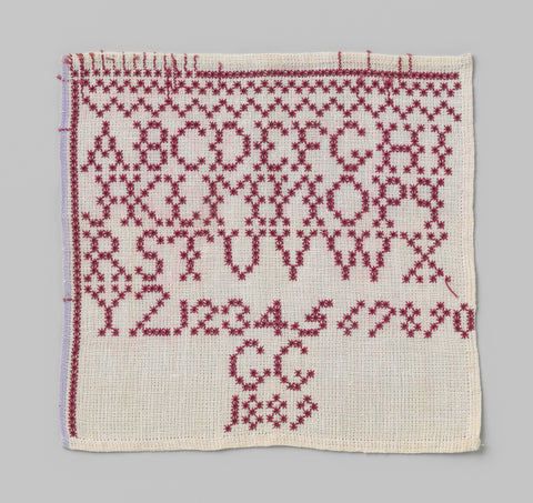 Sampler of linen with a pattern of red letters and numbers; marked: GG 1889., G. Glass, c. 1889 Canvas Print