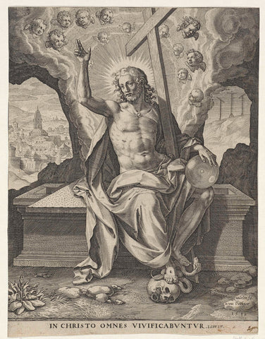 Christ sitting on the grave, Johann Sadeler (I), 1580 Canvas Print