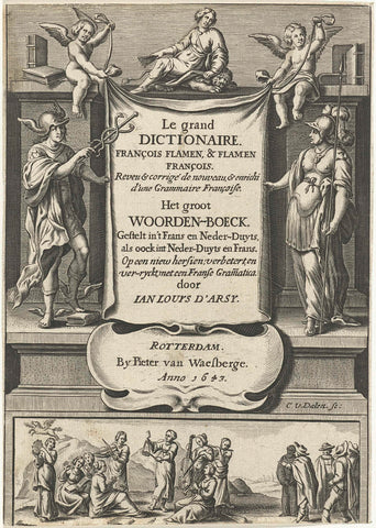 Canvas with title held by Mercury, Minerva and two angels, under frieze with nine muses playing on musical instruments, Cornelis van Dalen (I), 1643 Canvas Print